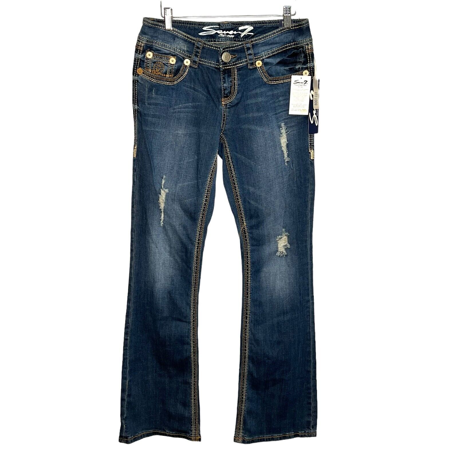 Seven 7 Jeans Women Blue Lightly Distressed Boot Cut Jeans Sz 7 / 28 NEW