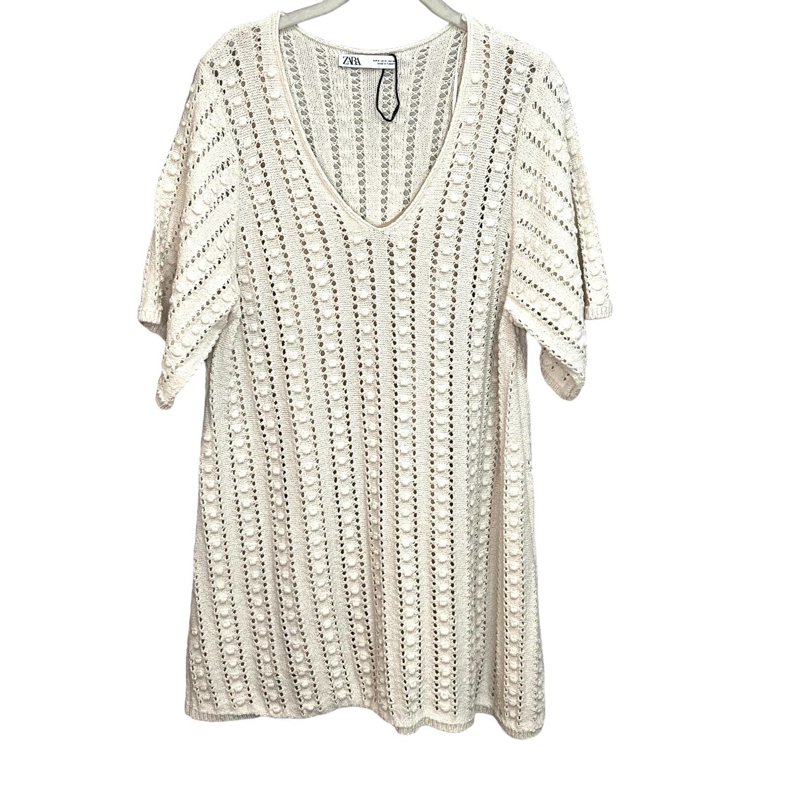 Zara Ivory Cream Short Sleeve Knit Crochet Dress with Slip Size Small NWOT