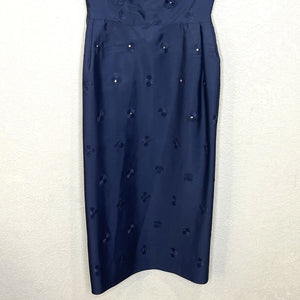 Vintage 1950's Mitzi Morgan Dress Navy Blue with Crystal Floral Applique XS