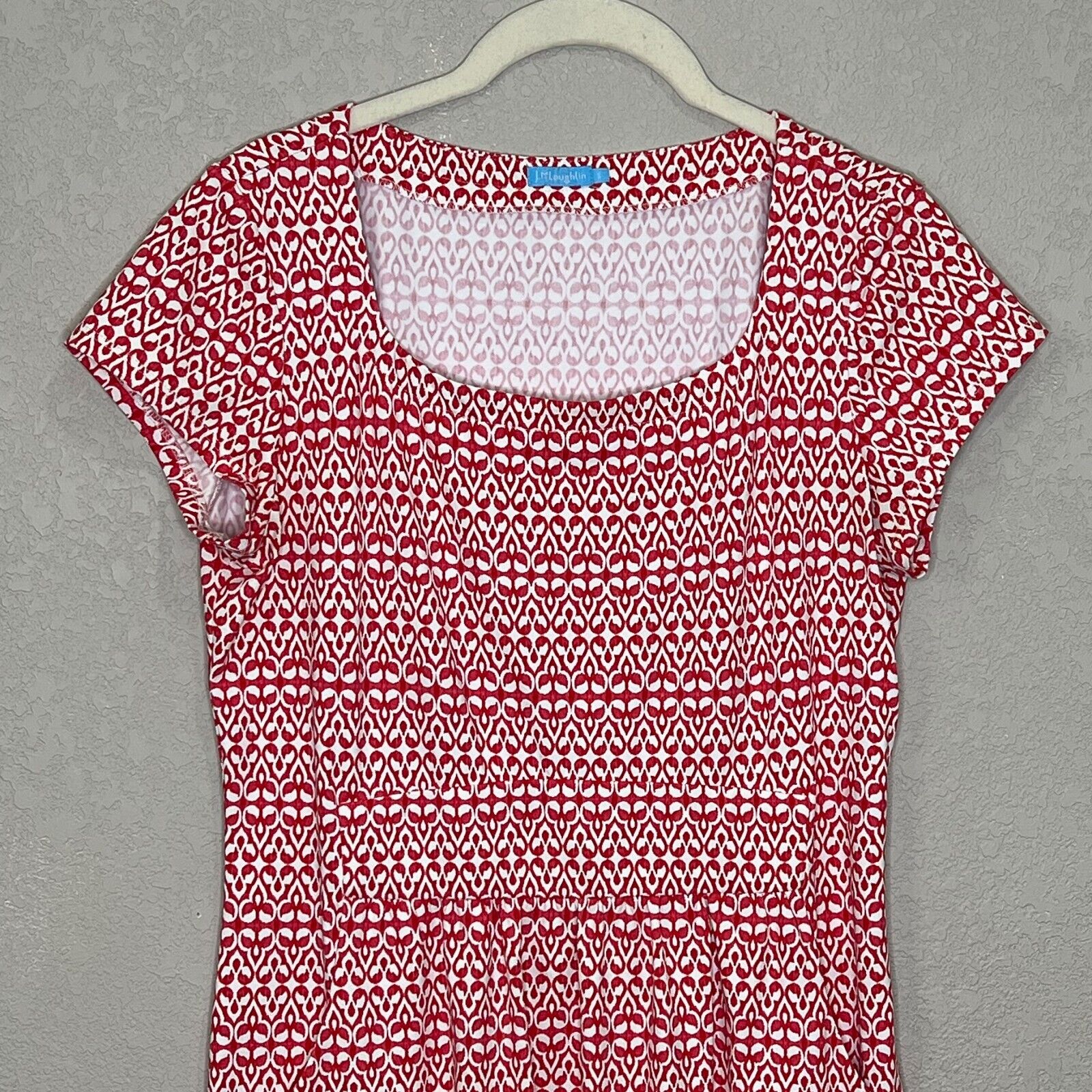 J. Mclaughlin Red White Print Short Sleeve Jersey Dress w Pockets Size Small