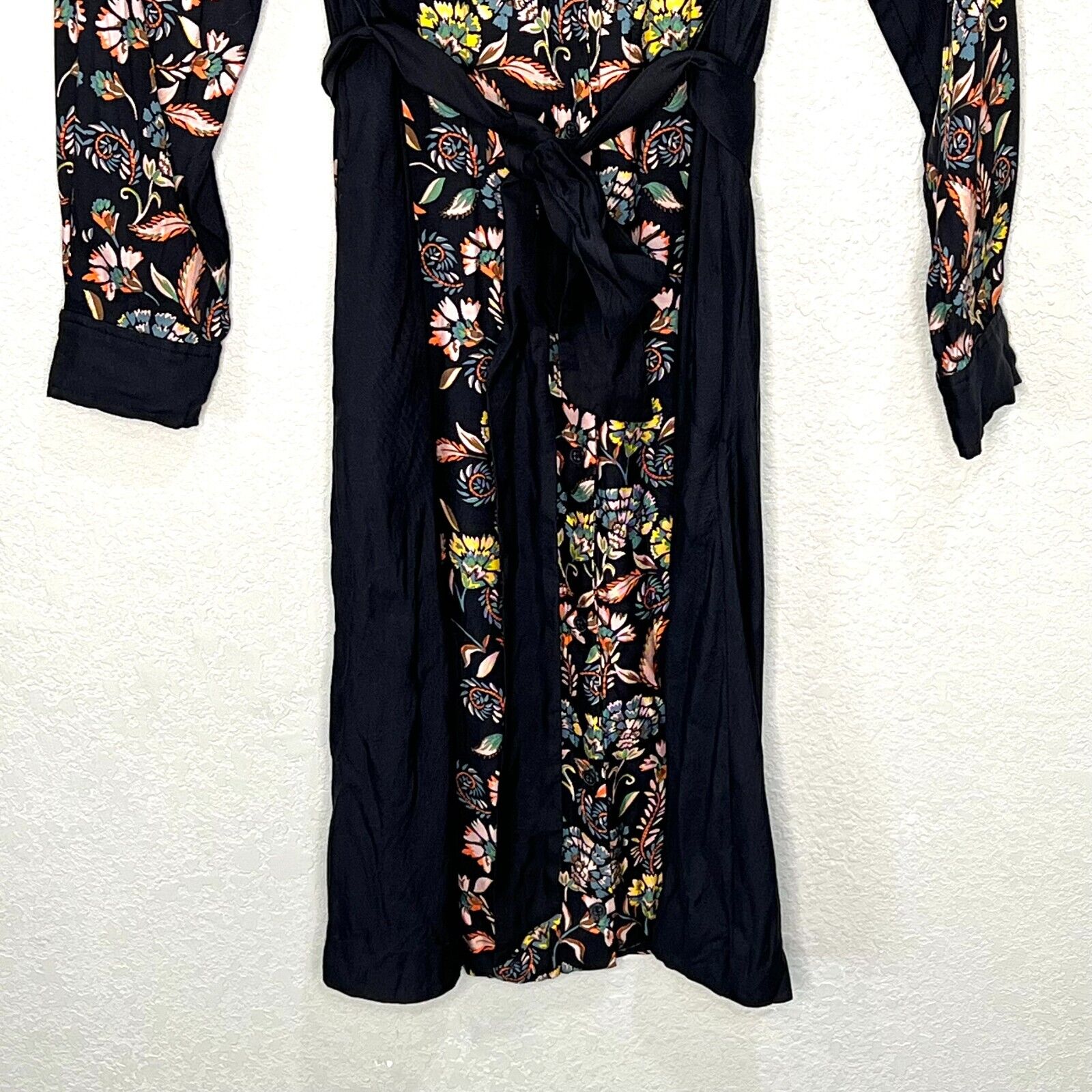 Boden Black Blossom Pomme Floral Long Sleeve Belted Button Up Midi Dress Size 10