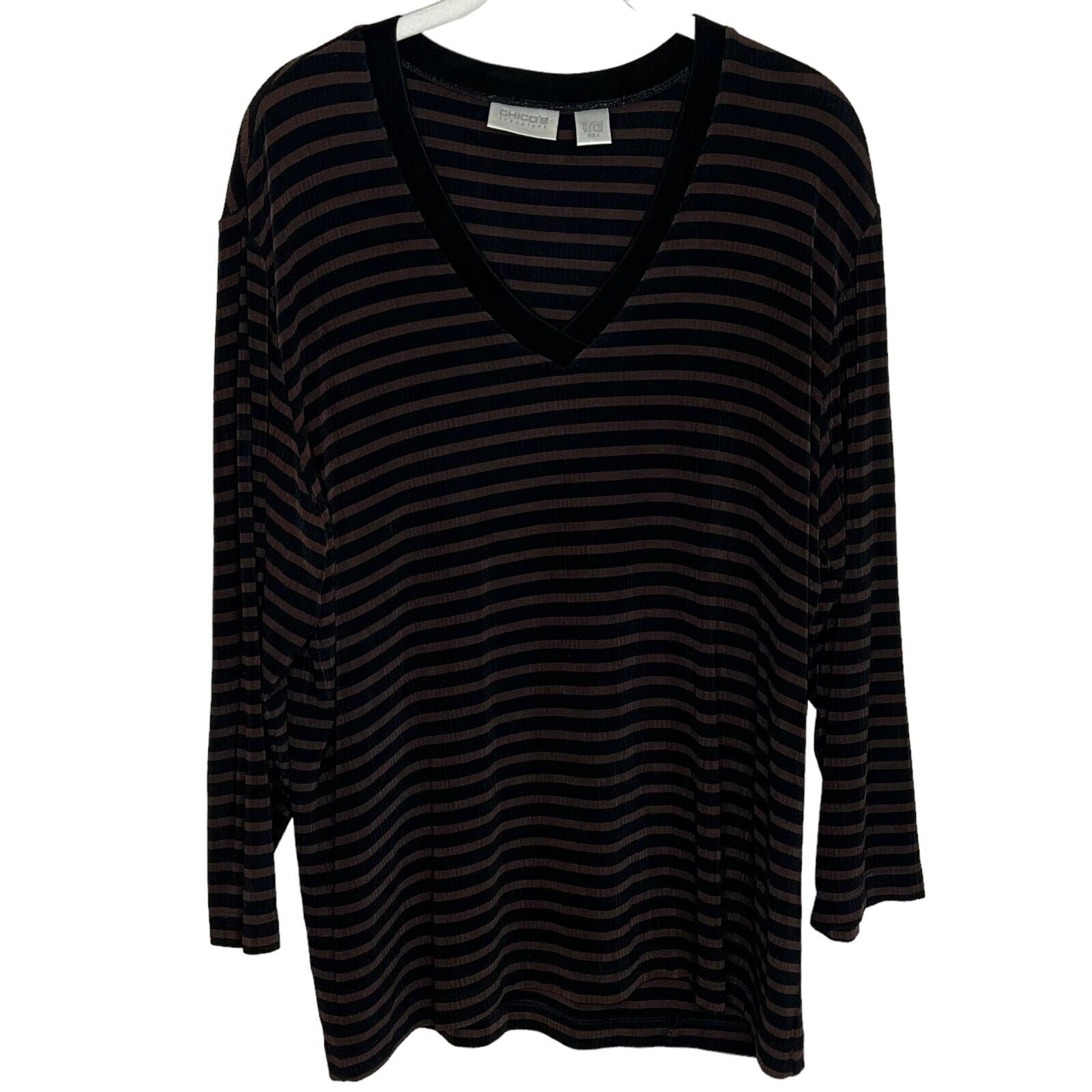 Chico's Travelers Ribbed Brown Black Striped Ribbed Jersey Top Size 3 (Large)