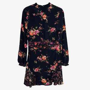 INTERMIX Black Silk Floral Printed Long Sleeve Ruffled Mini Dress Size 4