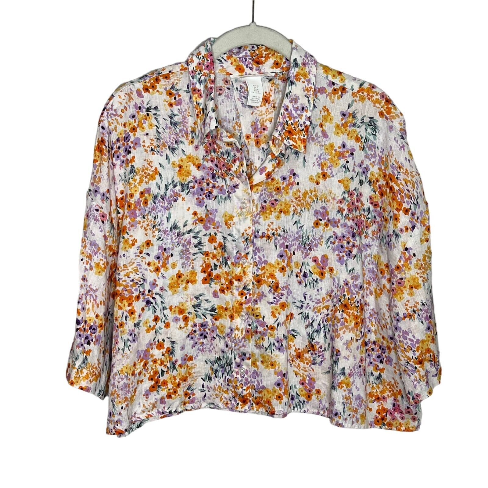 H&M Women's Floral Short Sleeve Button Cropped Linen Shirt Size Medium