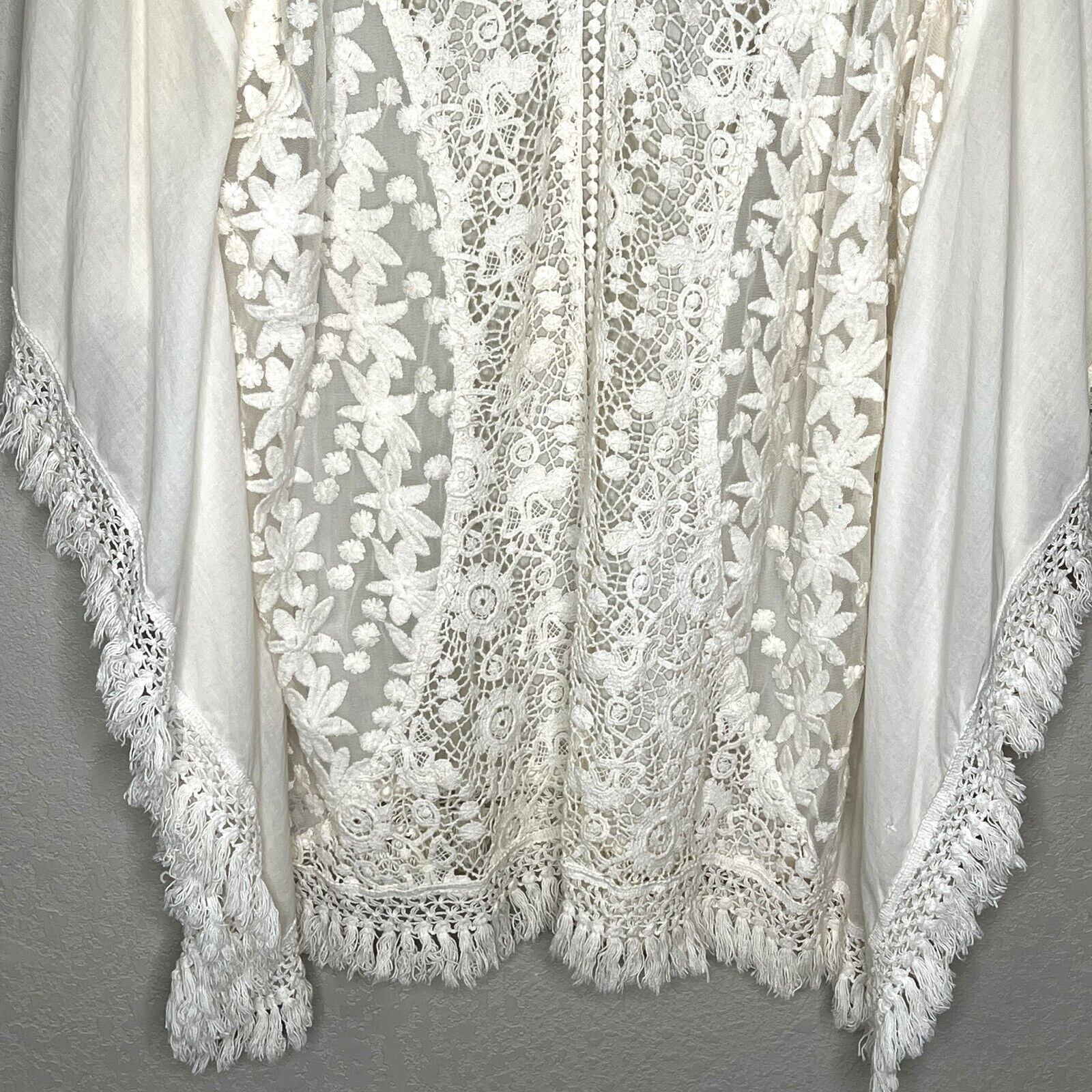 PilyQ Ivory Floral Lace Crochet Sheer Tassel Swim Cover Up Size XS/S
