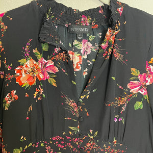 INTERMIX Black Silk Floral Printed Long Sleeve Ruffled Mini Dress Size 4