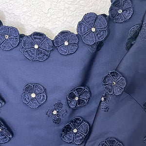 Vintage 1950's Mitzi Morgan Dress Navy Blue with Crystal Floral Applique XS