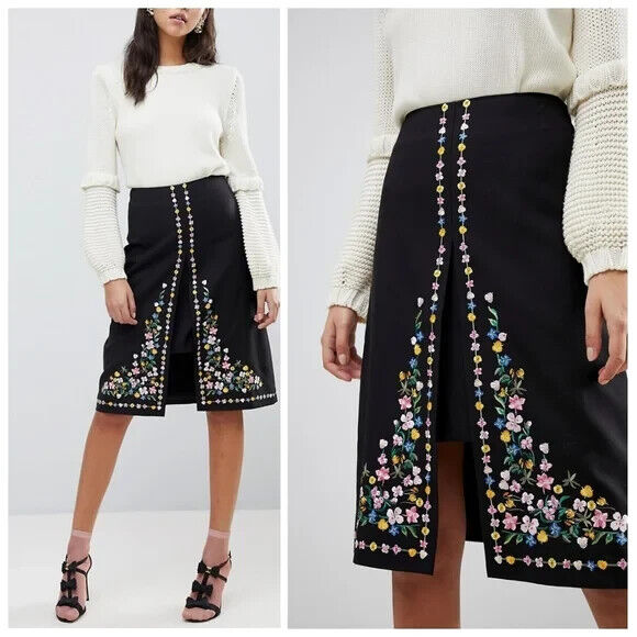 Ted Baker London Vicks Hampton Black Floral A-line Skirt Sz 1 (US 4)