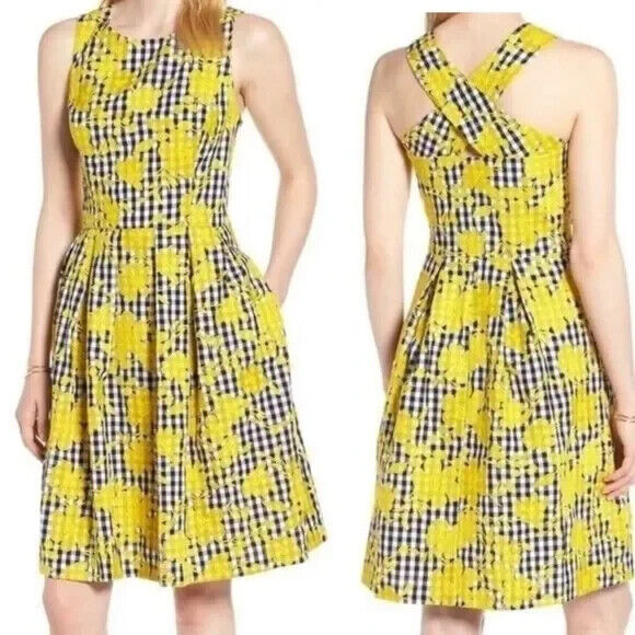 1901 Nordstrom Black White Gingham Yellow Floral Dress Size 4