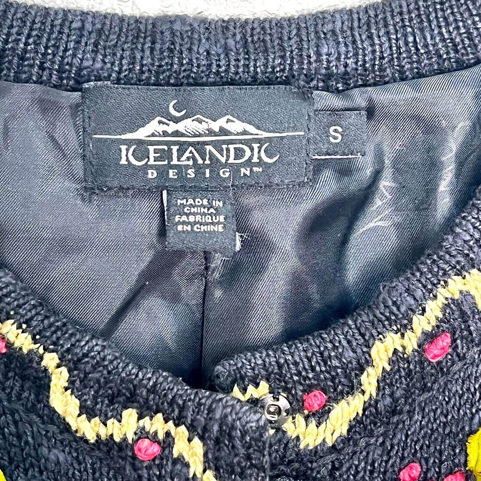 Icelandic Design Sweater Jacket Full Zip Lined Ribbon Applique Black Size Small