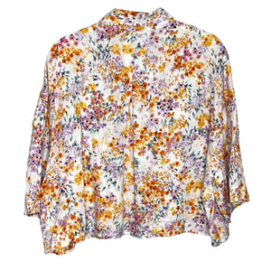 H&M Women's Floral Short Sleeve Button Cropped Linen Shirt Size Medium