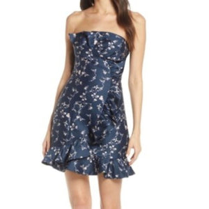 Keepsake The Label Navy Blue Floral Ruffle Strapless Dress Size Medium