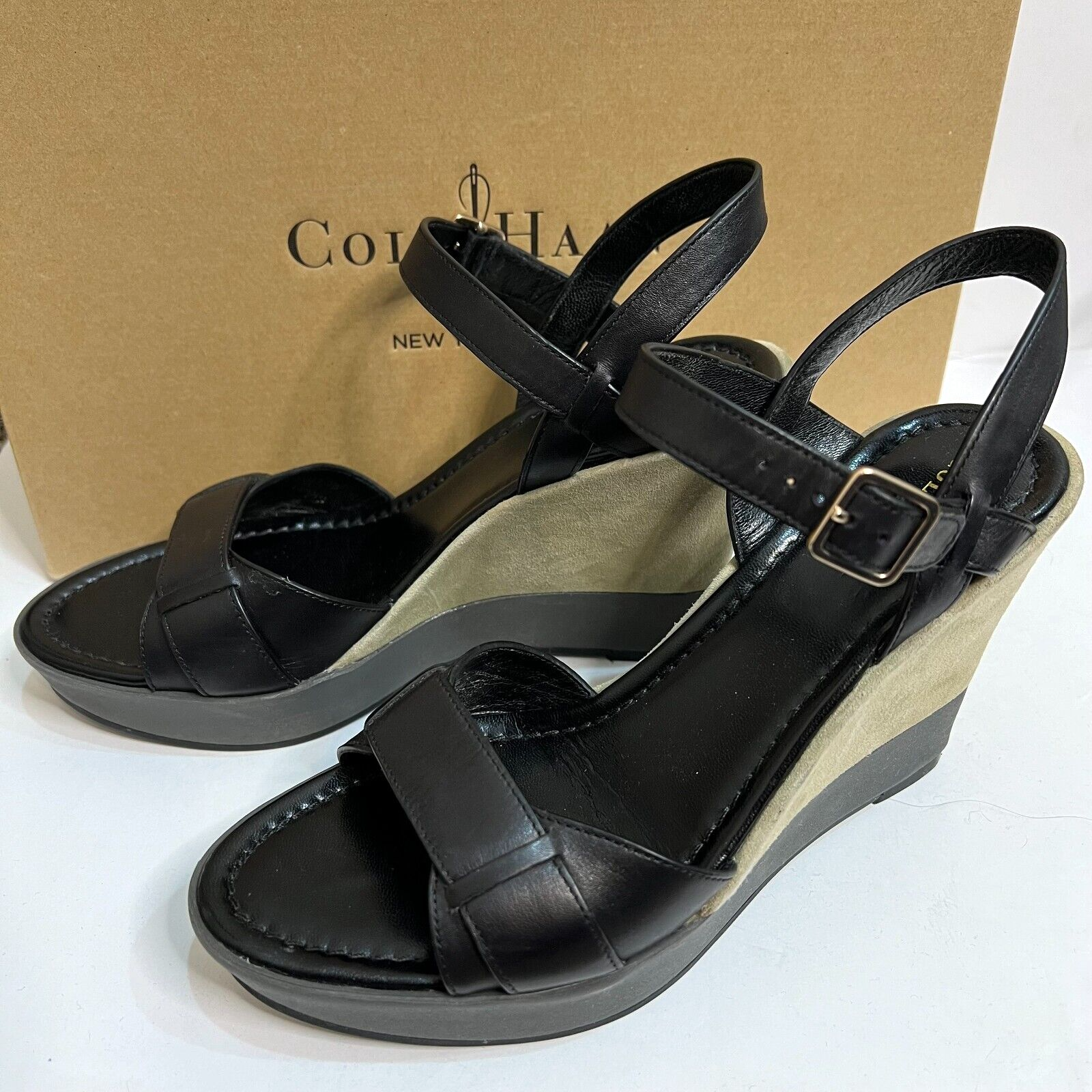 Cole Haan Paley High Wedge Sandal in Black Khaki Suede Size 7