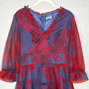 Chi Chi London Red Blue V Neck Floral Ruffle Mini Dress Size 4