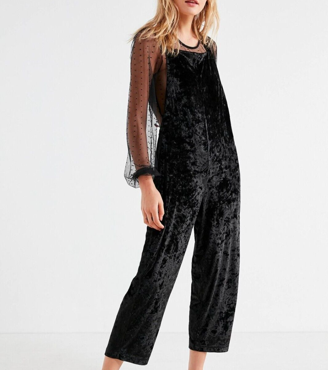 Urban Outfitters Black Velvet Velour Overall Jumpsuit Super Stretch Size Large
