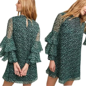 Anthropologie Ranna Gill Green Floral Mirror Tiered Flutter Sleeve Dress Size XS