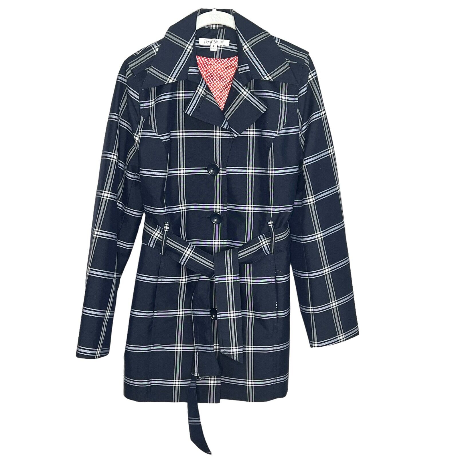 TravelSmith Blue White Plaid Belted Jacket Trench Size Small