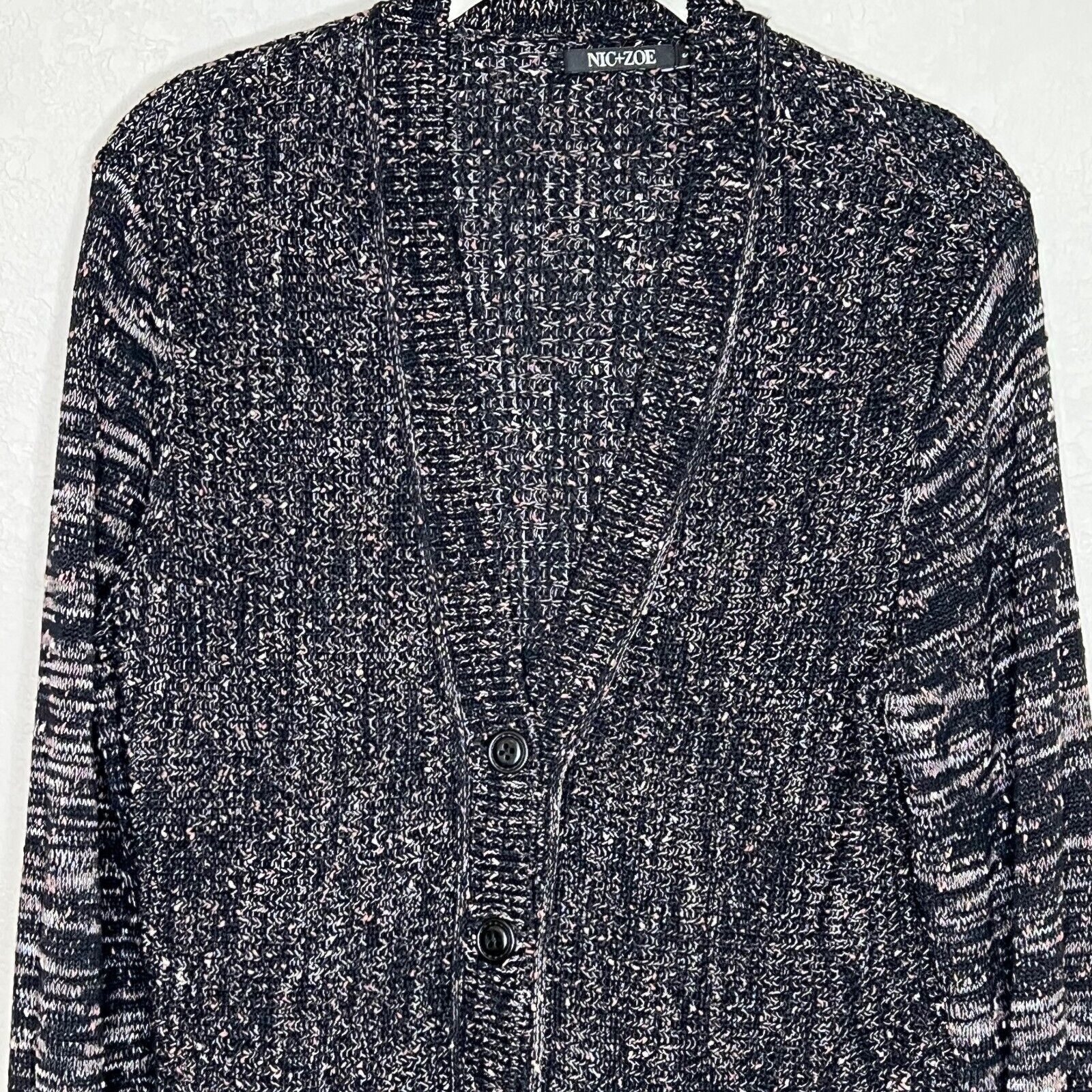 NIC+ZOE Black Speckled Peplum Cardigan Sweater Size Small
