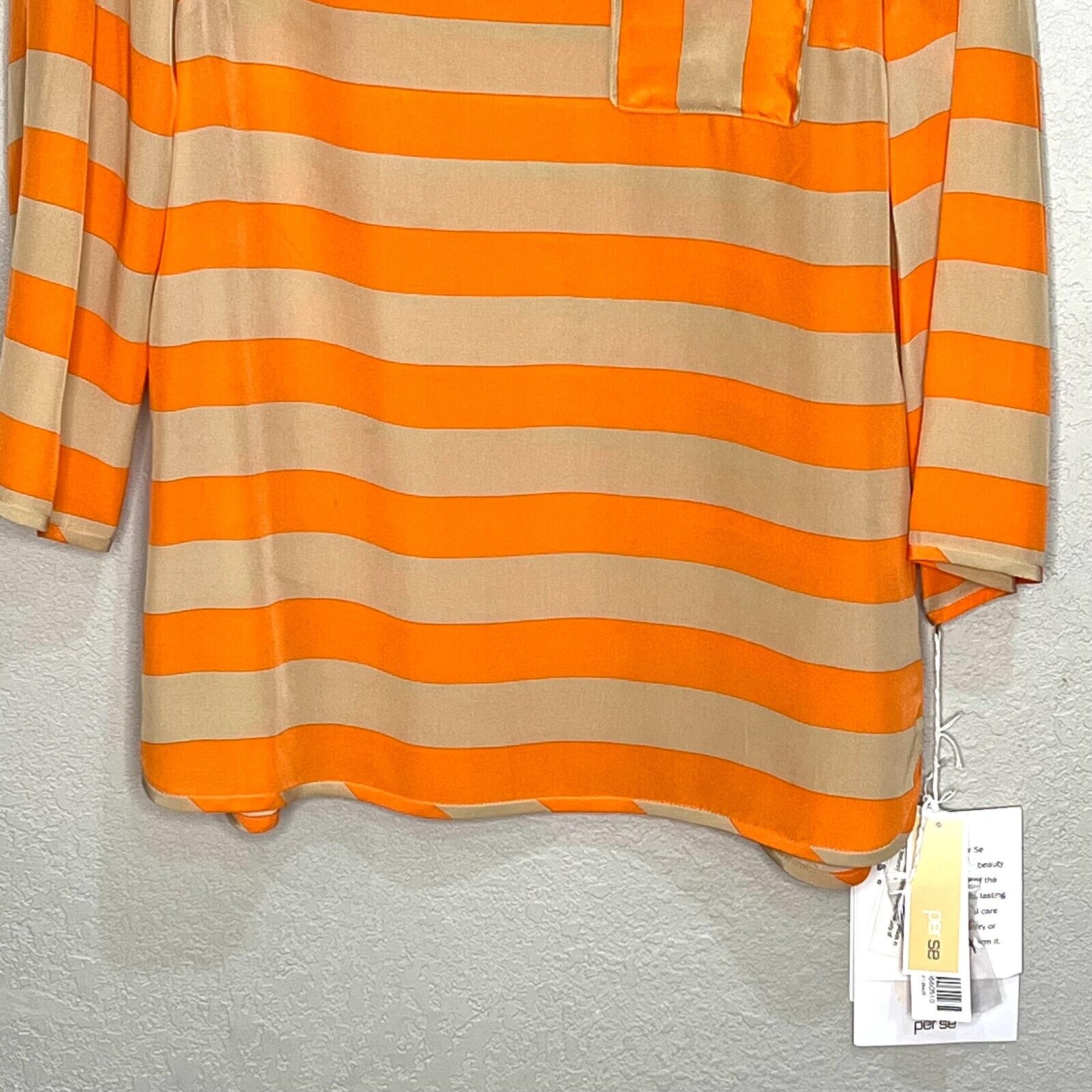 Carlisle Collection Per Se Orange Beige Striped Silk Blouse Top Size 10 NEW