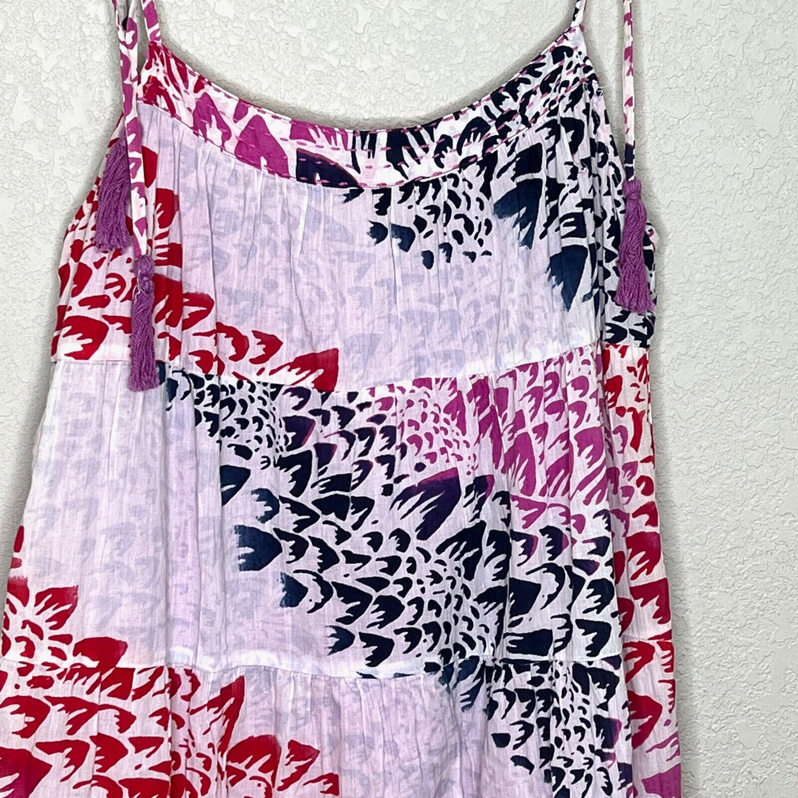 Billabong Blue Pink Red White Print Mini Dress Tassel Ties Lined Size Medium 