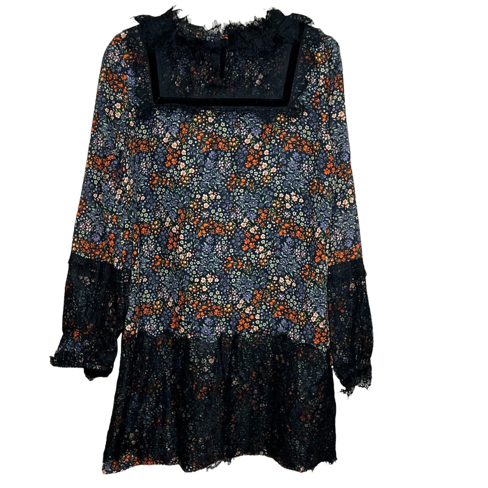 Warm NY Black Lace Floral Long Sleeve Shift Mini Dress Size 6-8 (2)
