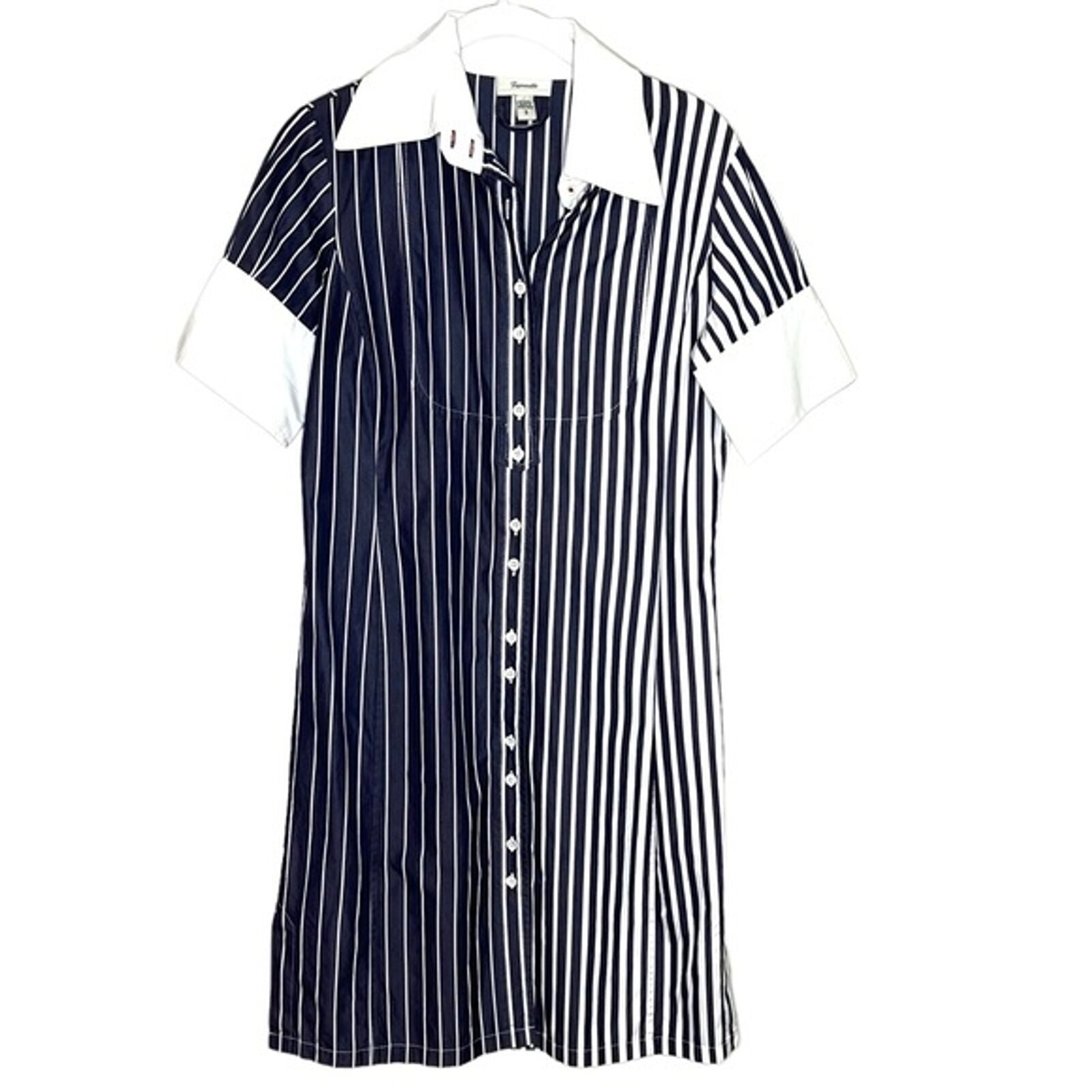 Faconnable Blue White Short Sleeve Shirt Dress in Stripe Size Small