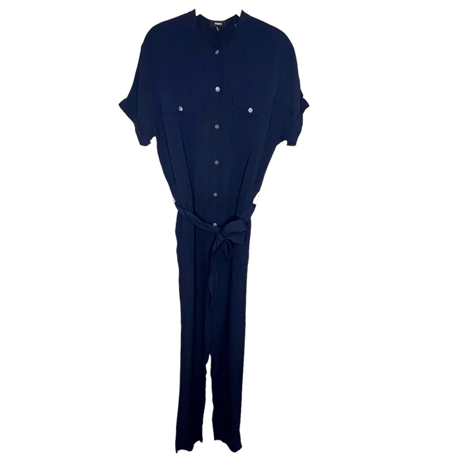 Theory Cargo Shirt Silk Jumpsuit Romper, Navy Blue Size 6 $495