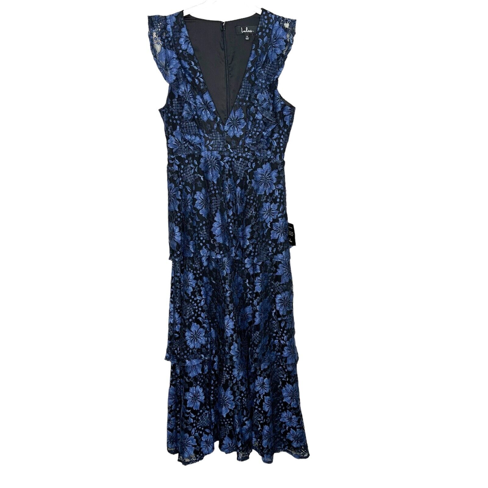 Lulu's Molinetto Navy Blue Black Lace Ruffled Tiered Maxi Dress Size Small NEW