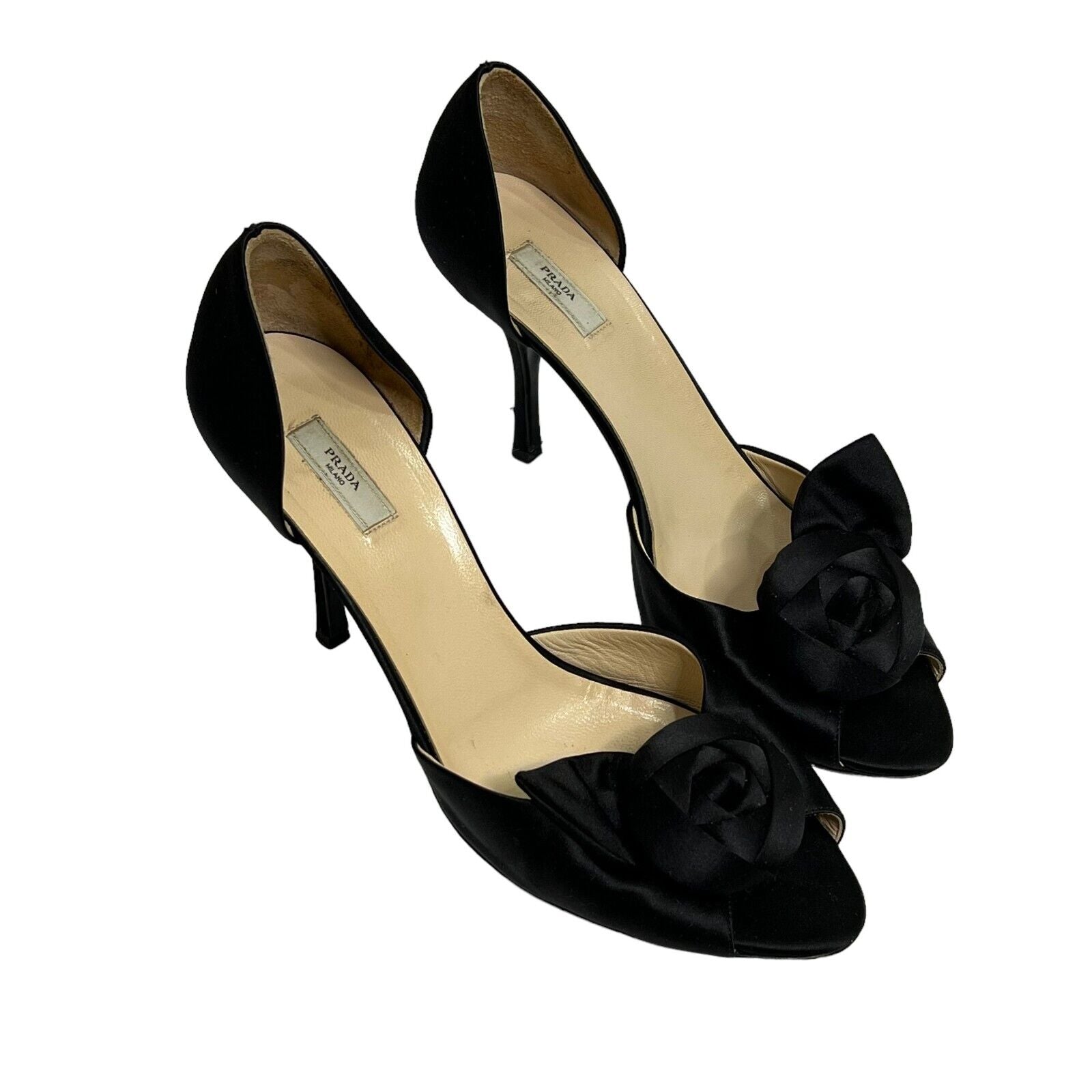 PRADA Womens Black Satin Rose Pumps Heels Size 40.5 US 10.5