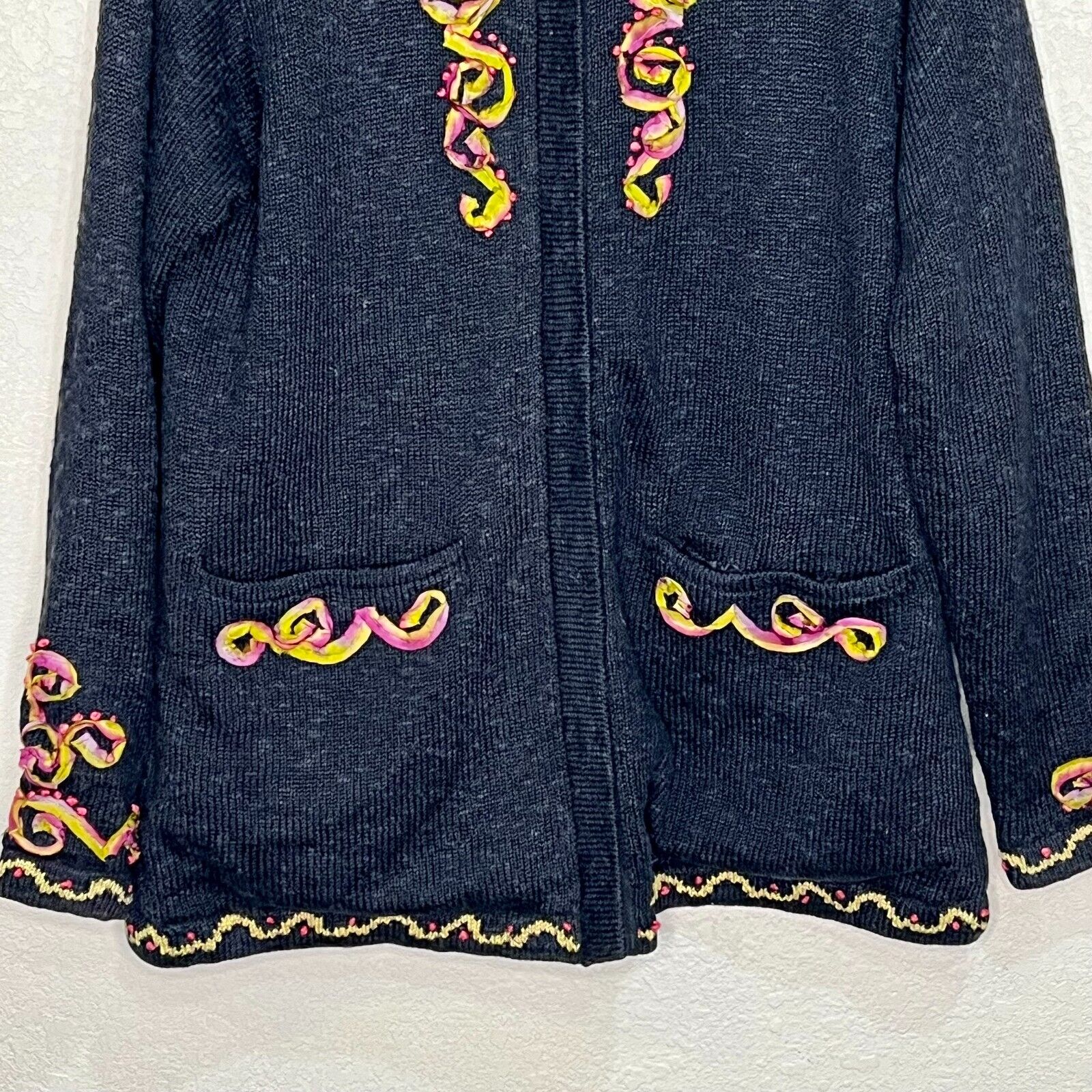 Icelandic Design Sweater Jacket Full Zip Lined Ribbon Applique Black Size Small