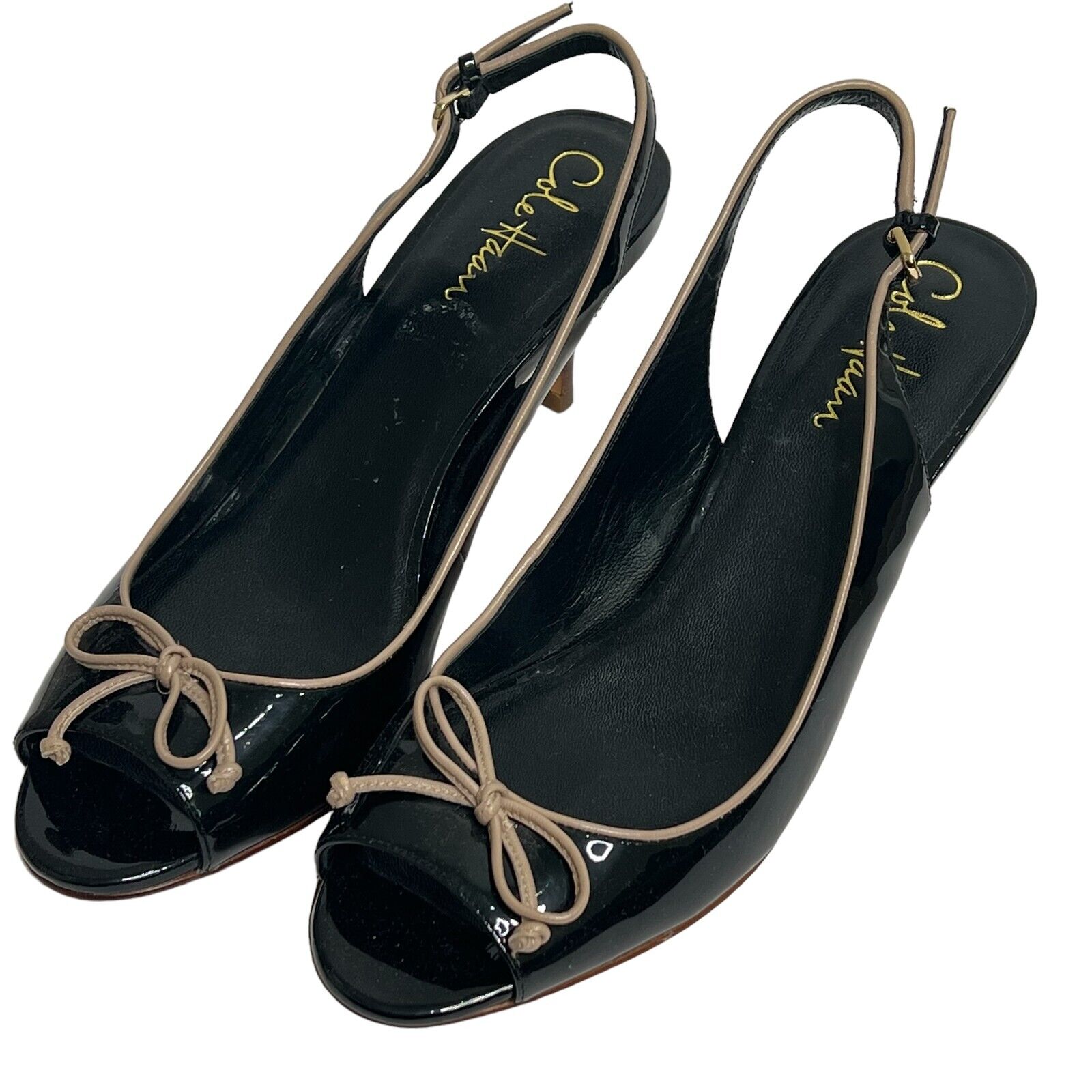 Cole Haan Black Tan Patent Leather Peep Toe Slingback Kitten Heels Size 7.5
