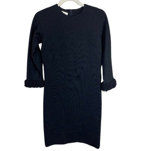 Vintage Dalton Black Wool Midi 60s Dress w Deco Fringe Trim Madmen Small