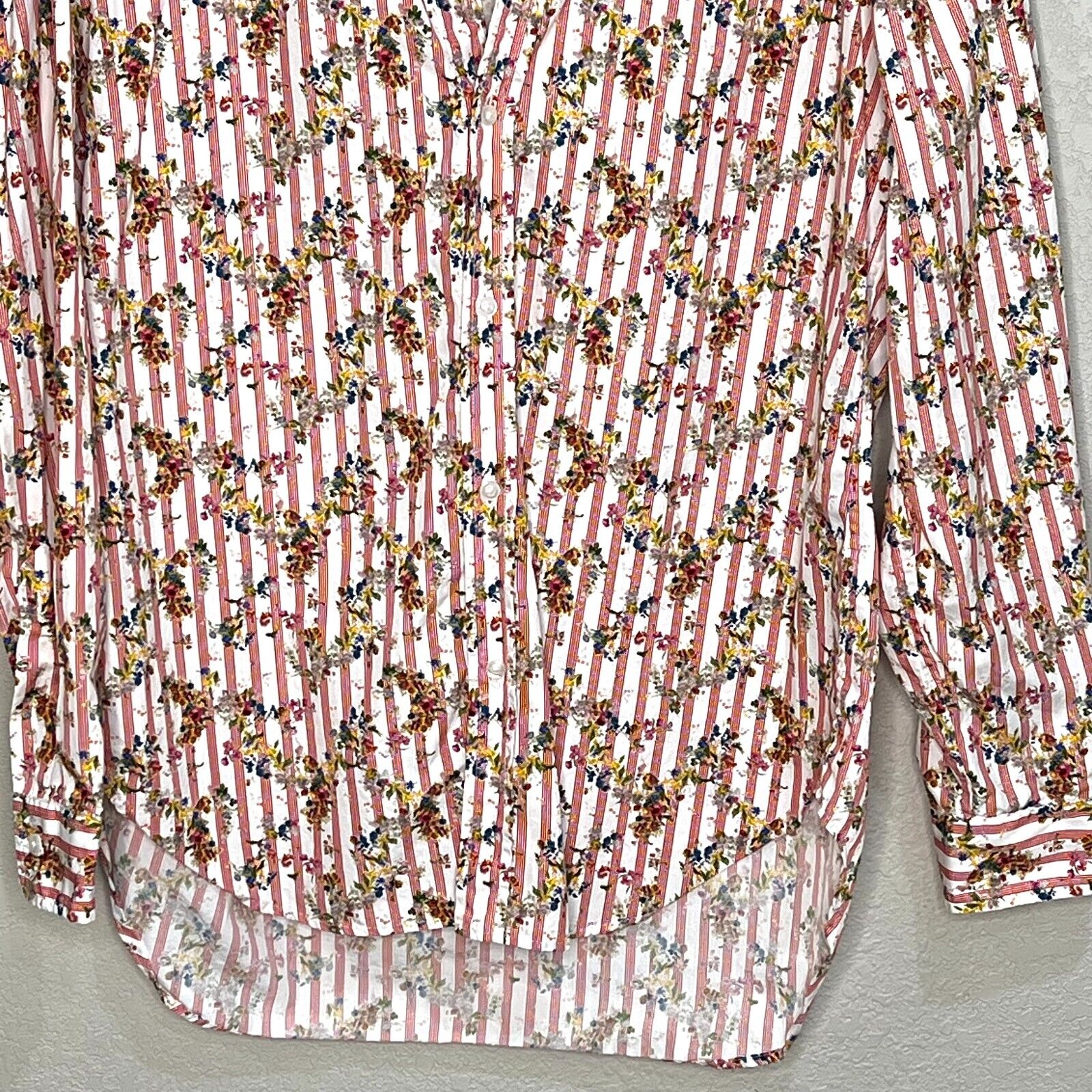 Frank and Eileen "Frank" Woven Button Up Red Mini Stripe w Flowers Size Medium