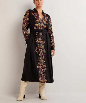 Boden Black Blossom Pomme Floral Long Sleeve Belted Button Up Midi Dress Size 10