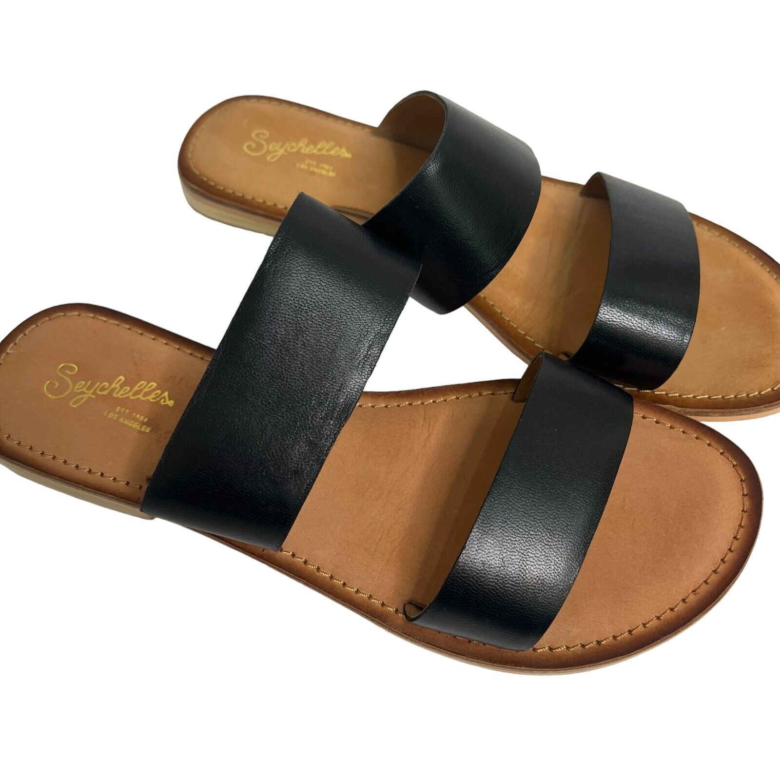 Seychelles Black Strap Leather Two Strap Slides Sandals Size 8.5