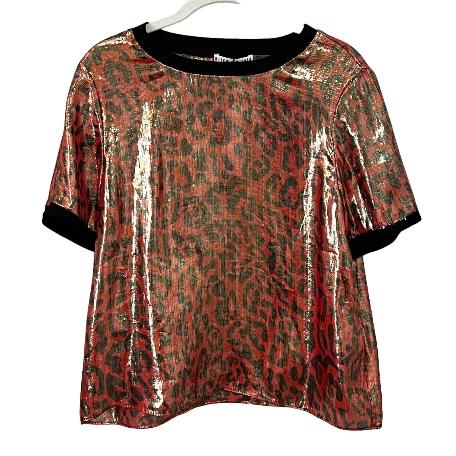 Alice + Olivia Red Black Piera Silk Animal Print Tee / Top Size Large NEW $275