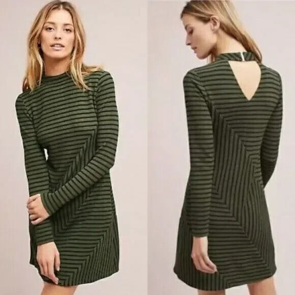 Hutch Structured Knitwork Striped Long Sleeve Mini Dress Green Black Sz M