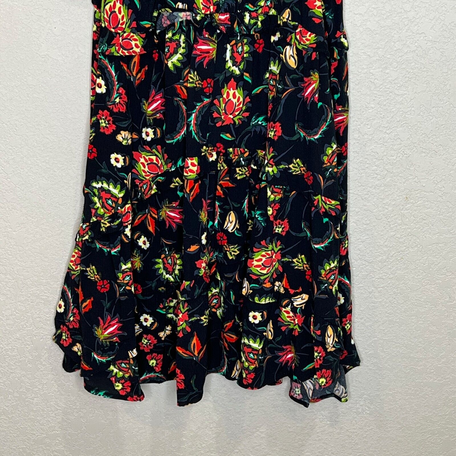 by Anthropologie Robin Tiered Black Paisley V Neck Ruffle Dress XS
